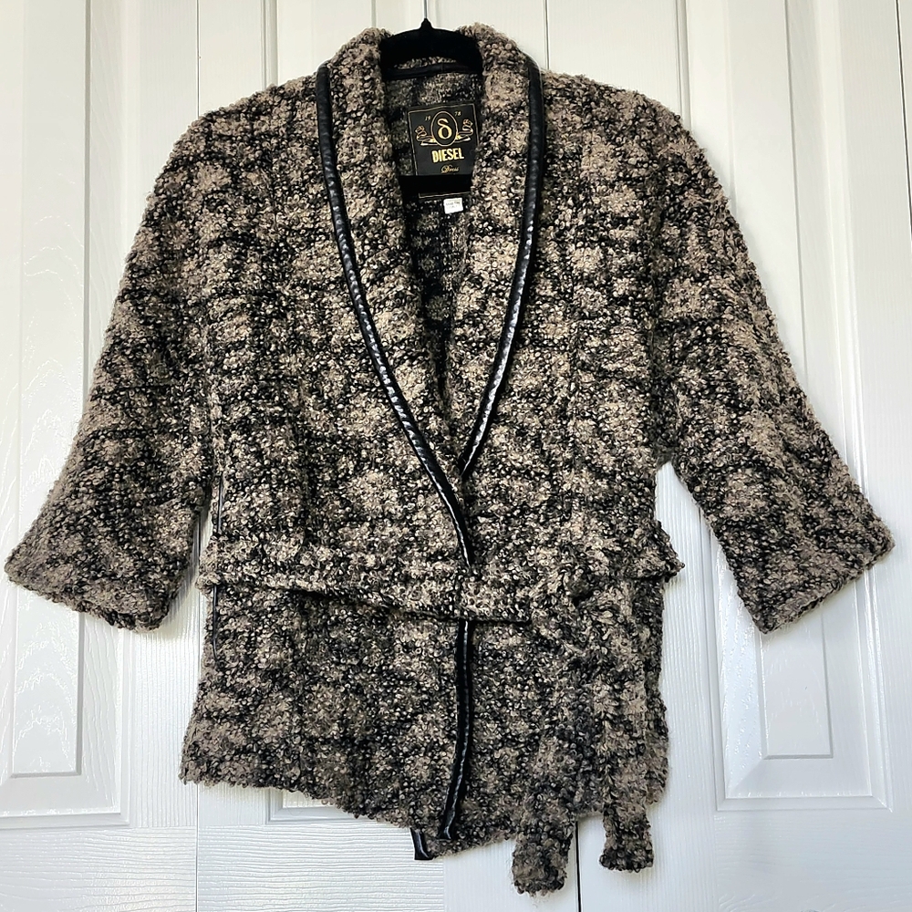 DIESEL Made In Italy Wrap Front, Tie Waist Blazer Jacket, Brown Black Size M